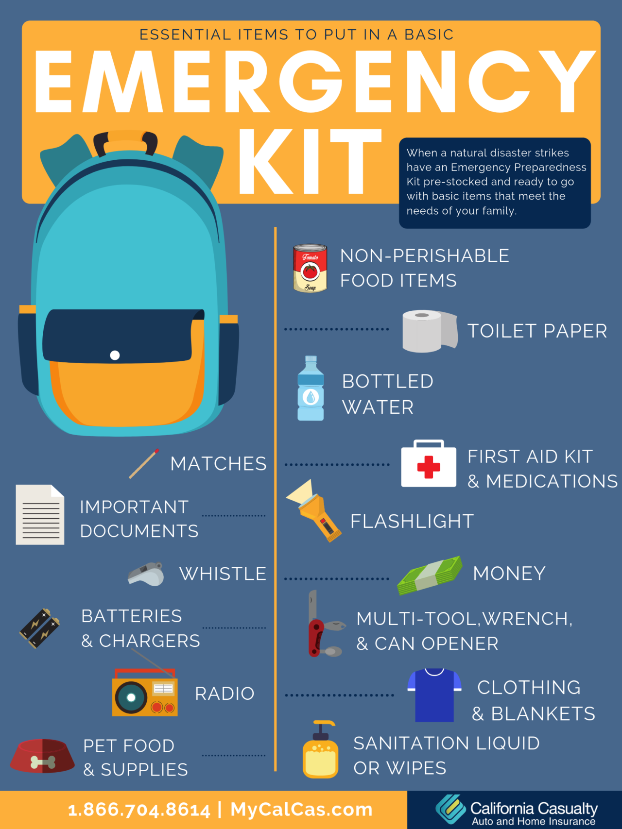 Emergency kit essential items california casualty
