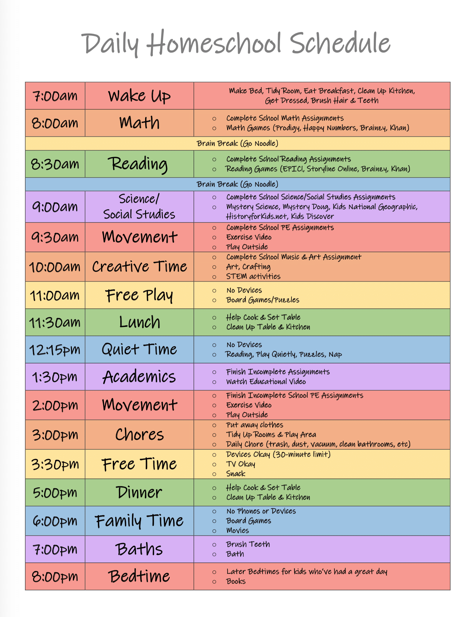 daily school schedule printable for kids