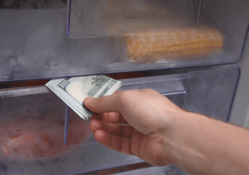 person hiding money in a refrigerator